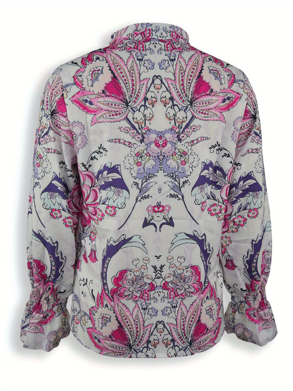 A loose, flower-patterned, long-sleeved, ruffled, elegant printed shirt