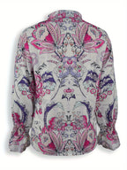 A loose, flower-patterned, long-sleeved, ruffled, elegant printed shirt