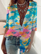 A stand-up collar, button, long-sleeved heart-shaped gradient printed elegant shirt Random shipment