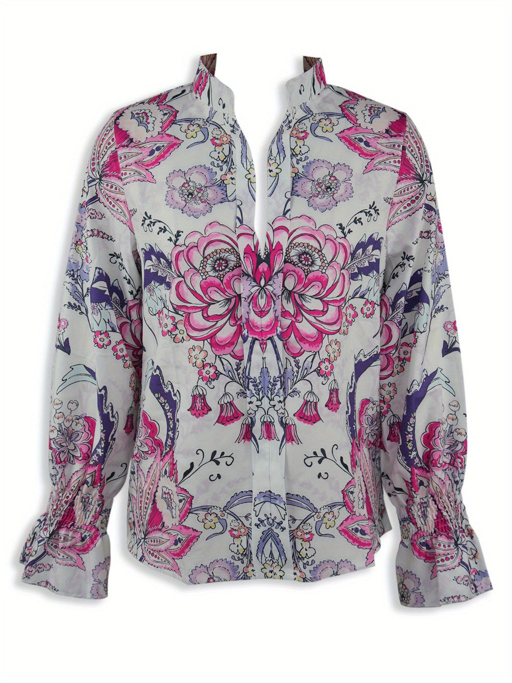 A loose, flower-patterned, long-sleeved, ruffled, elegant printed shirt