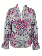 A loose, flower-patterned, long-sleeved, ruffled, elegant printed shirt