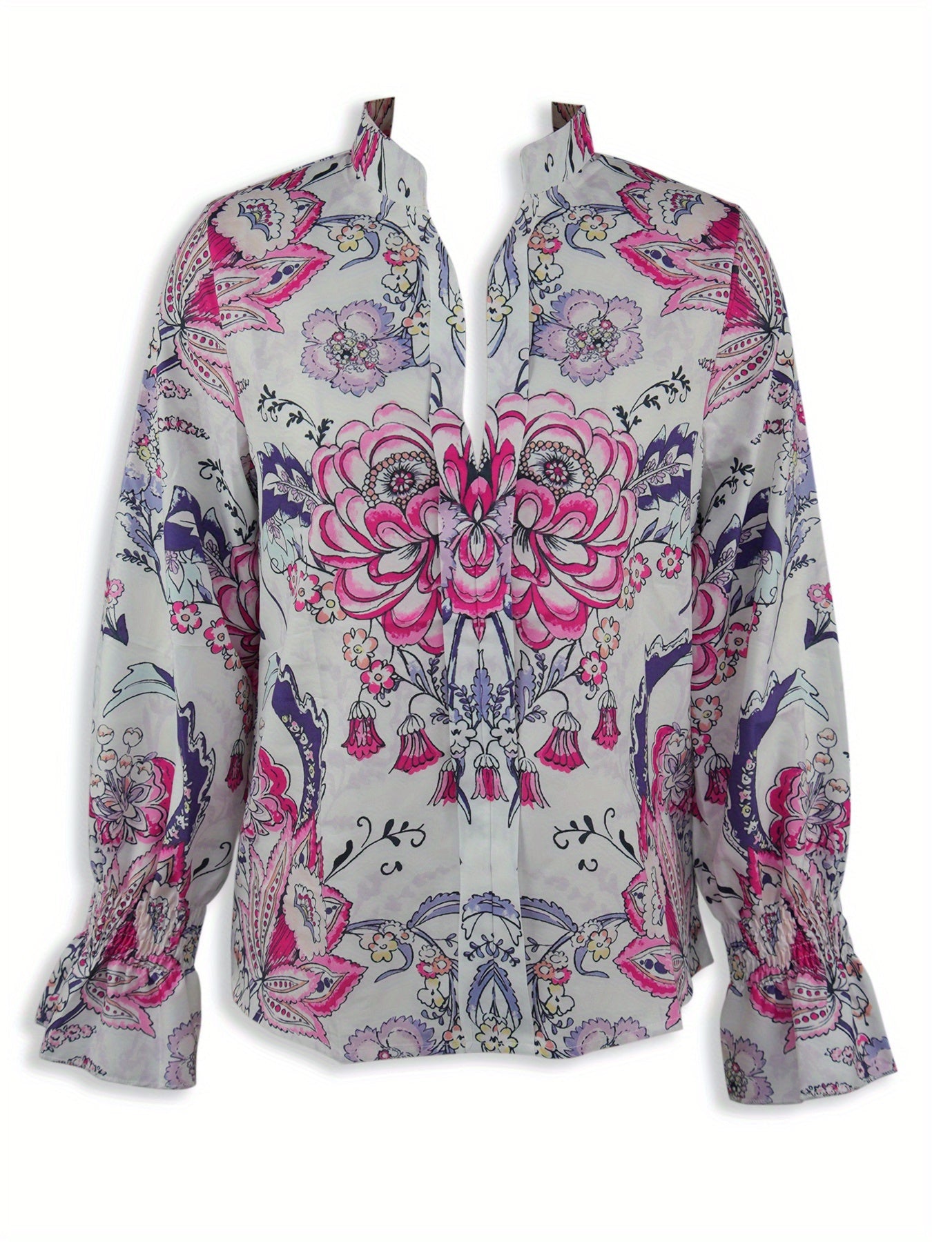 A loose, flower-patterned, long-sleeved, ruffled, elegant printed shirt