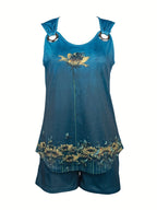 V-neck floral print vest casual shorts set Random shipment