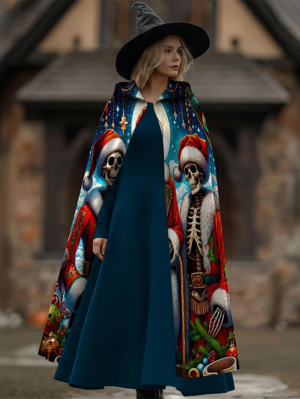 Funny Christmas Skull Print Hooded  Cape