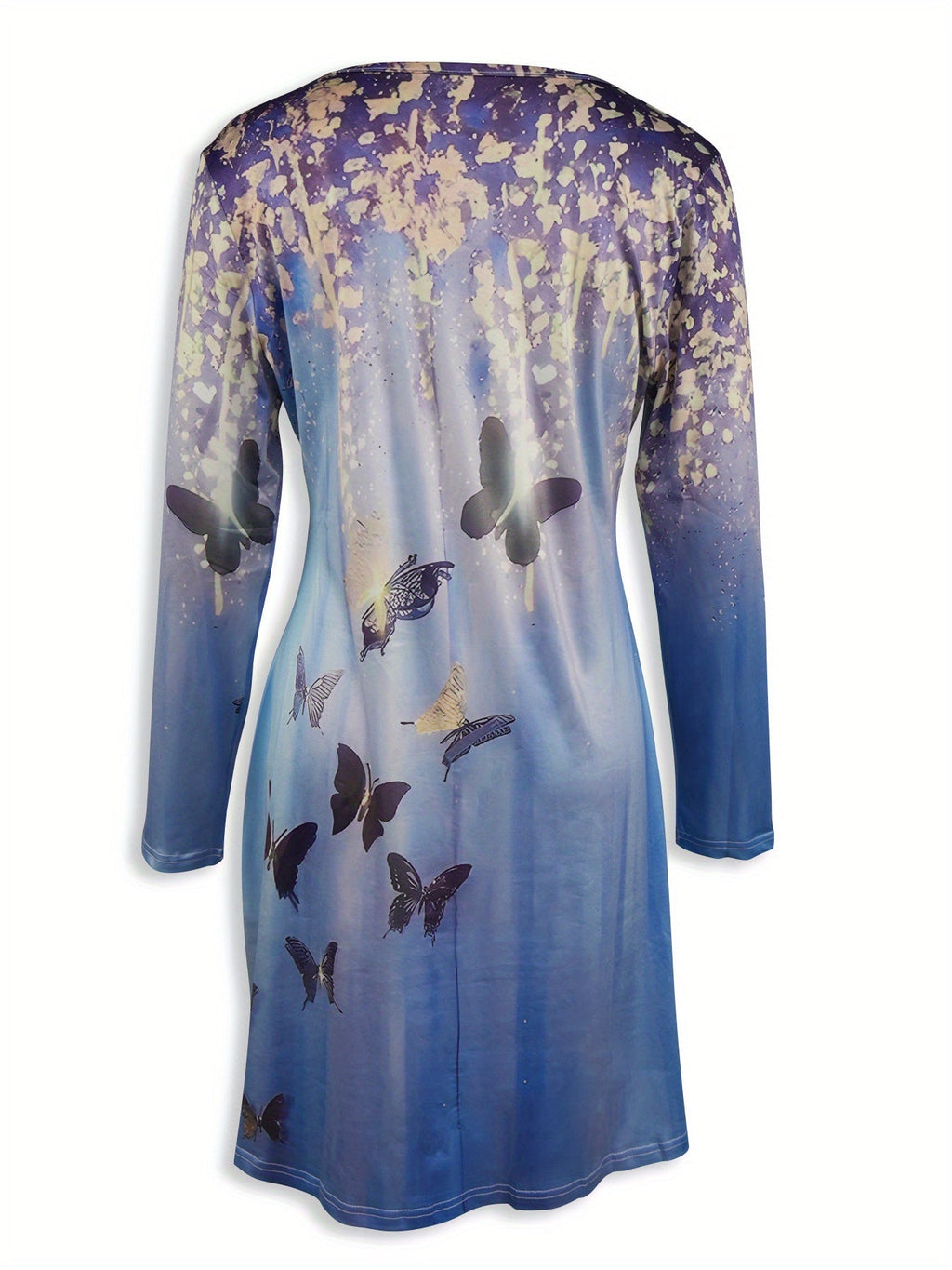 Gradient color butterfly print waist-cinching A-line round-neck long-sleeved dress Random shipment