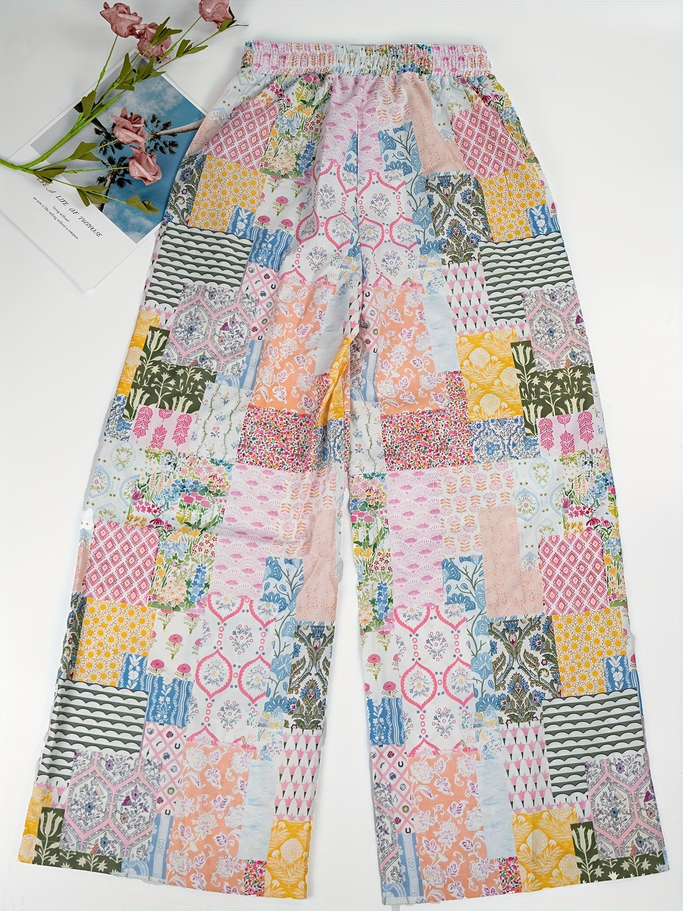Elasticated waist pockets, ethnic contrasting floral print pocket trousers Random shipment