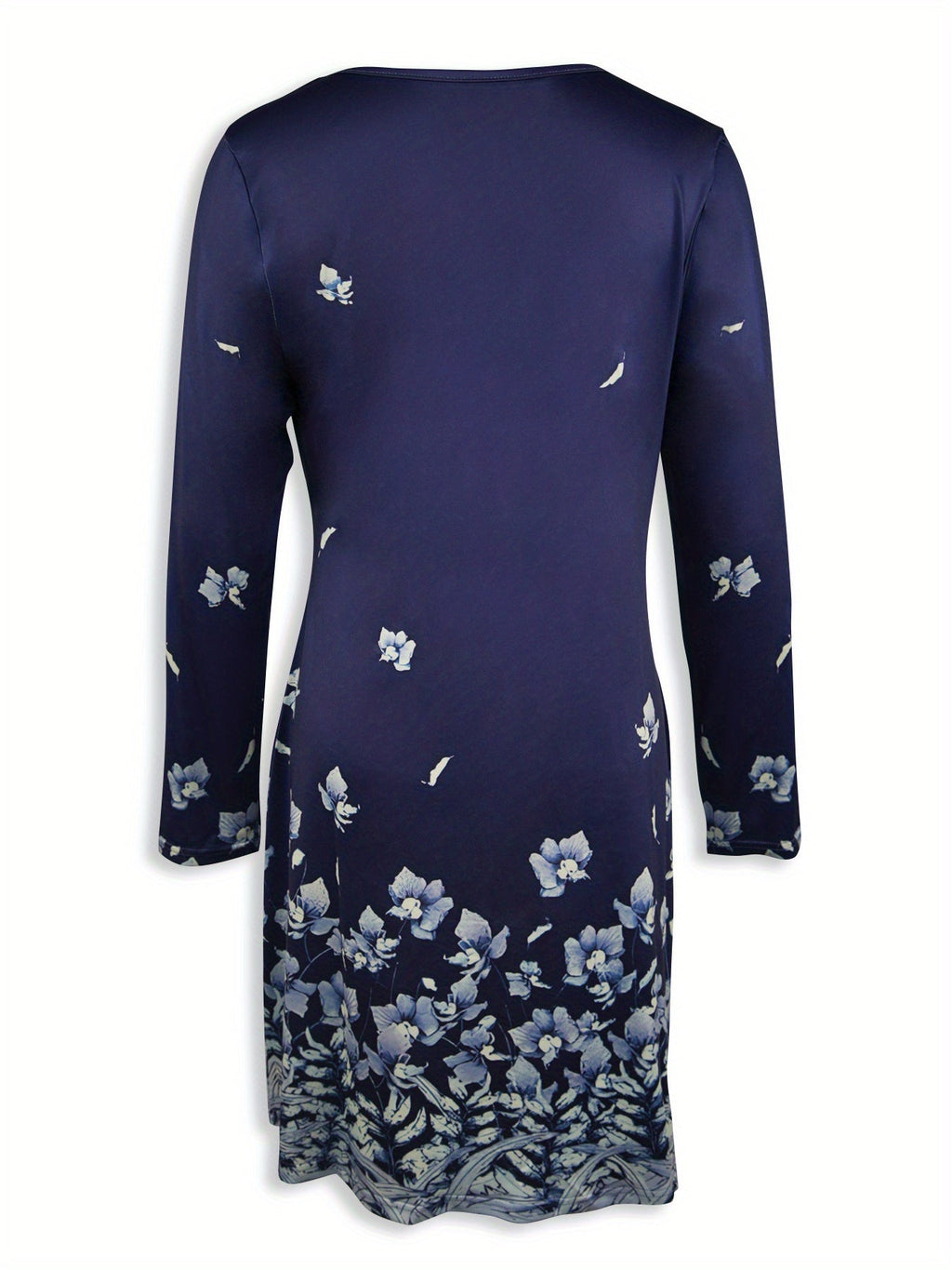 Printed waist-cinching A-line round neck floral print contrasting color long-sleeved dress Random shipment