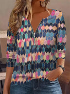 Long-sleeved geometric print zip-up contrasting half-cardigan T-shirt Random shipment