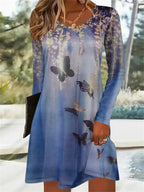Gradient color butterfly print waist-cinching A-line round-neck long-sleeved dress Random shipment