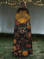Holiday-inspired Cat And Floral Print Hooded Cape