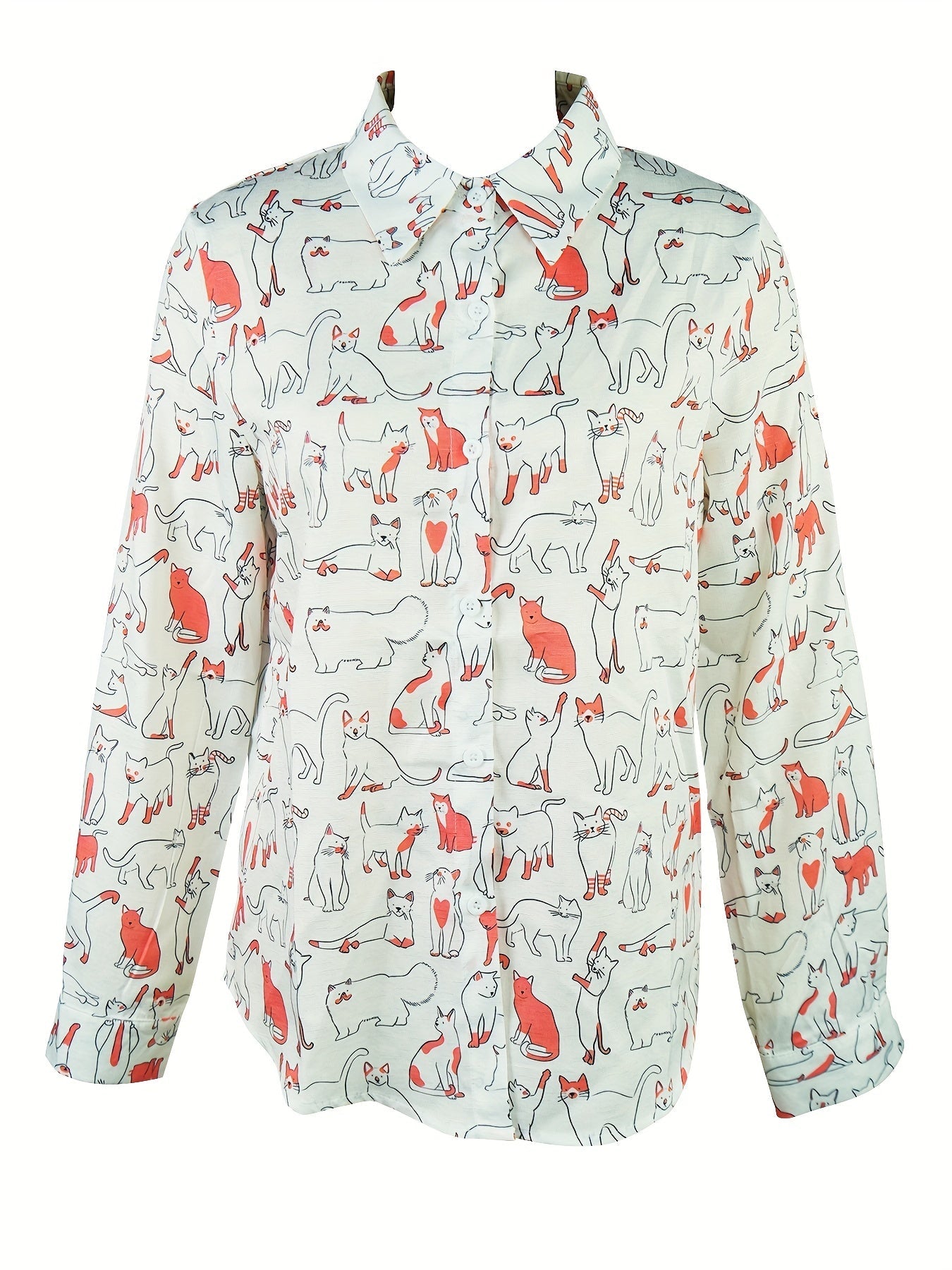Fun little cat printed button long-sleeved casual shirt Random shipment