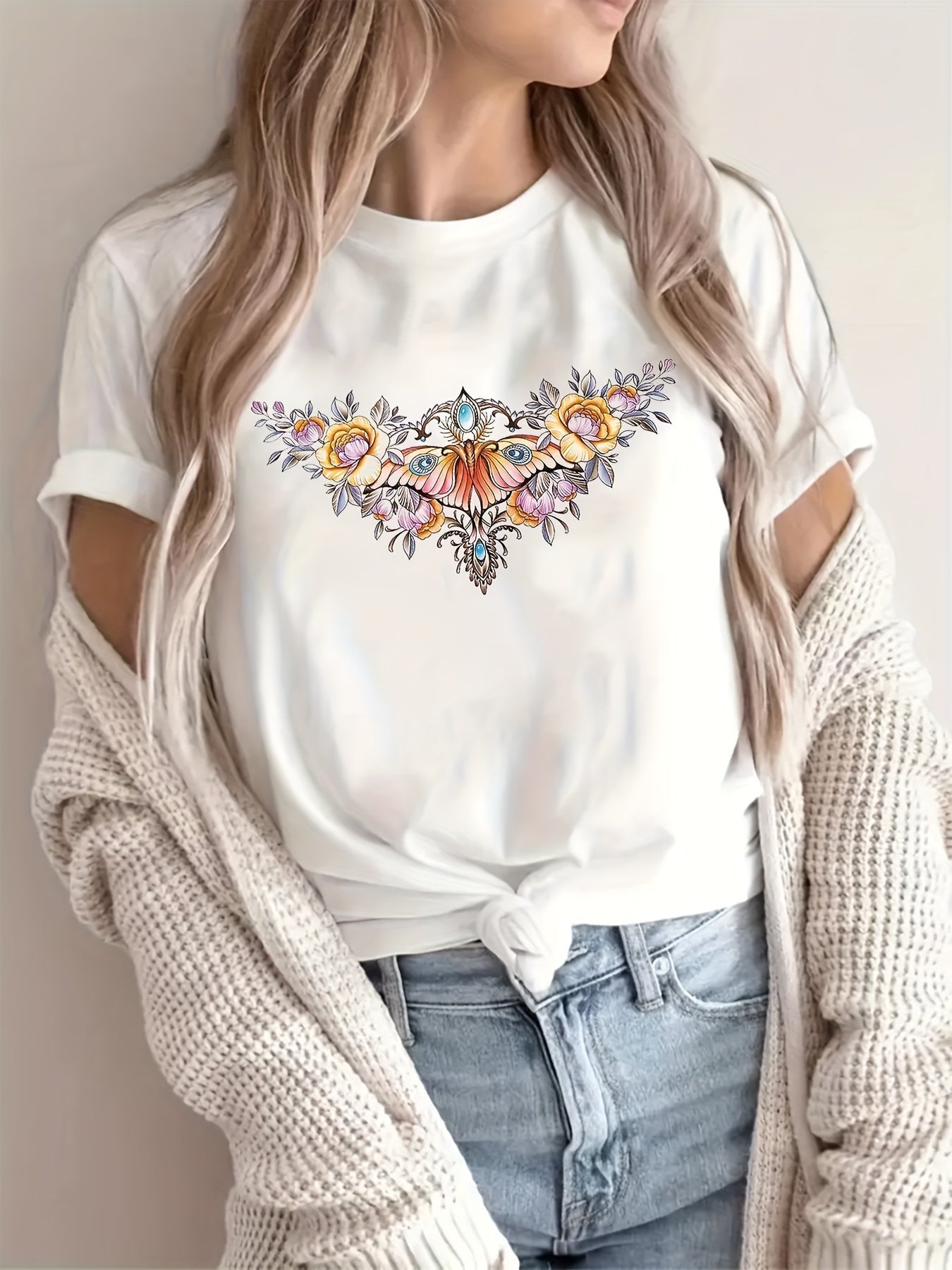 Fun letter flower print T-shirt summer short-sleeved slim top Random shipment