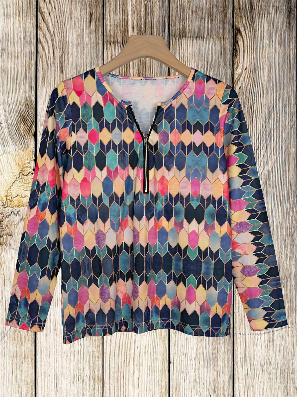 Long-sleeved geometric print zip-up contrasting half-cardigan T-shirt Random shipment