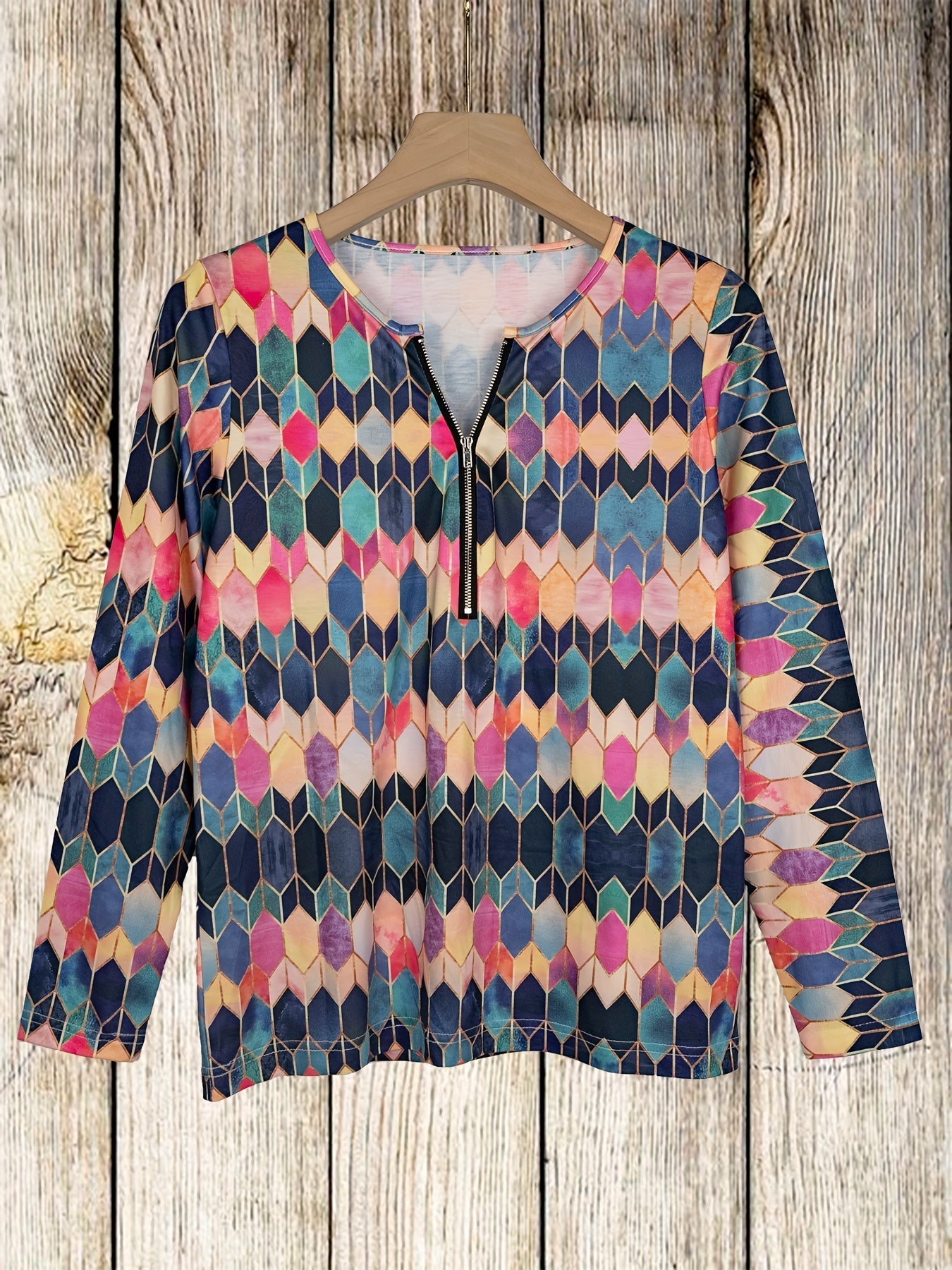 Long-sleeved geometric print zip-up contrasting half-cardigan T-shirt Random shipment