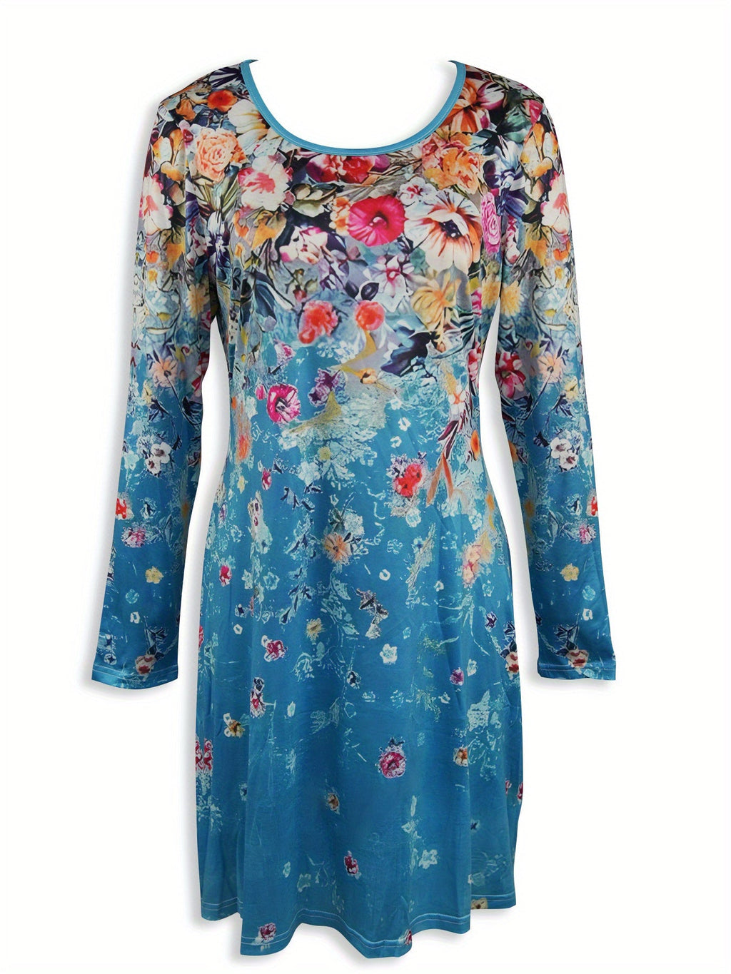 A waist-cinching A round-neck, long-sleeved floral print dress Random shipment
