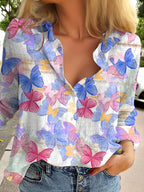Butterfly print casual long-sleeved button-down shirt Random shipment