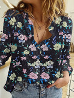 Contrasting floral, long-sleeved buttons, elegant lapel blouse Random shipment