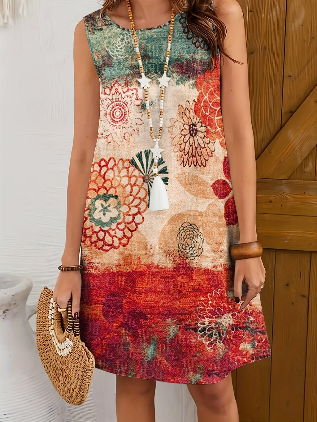 Crewneck, contrasting gradient floral, printed, A-hem loose dress Random shipment