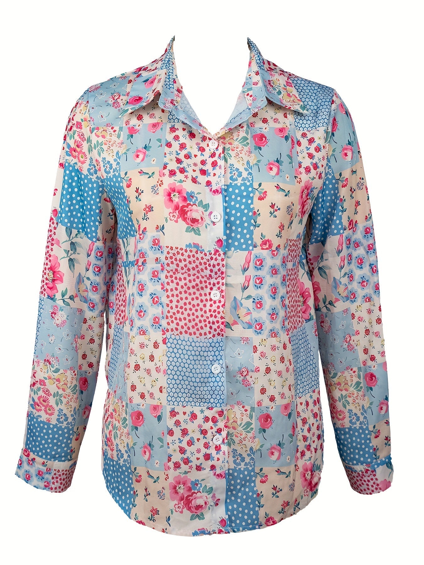 An elegant shirt with long-sleeved floral color block patchwork Random shipment