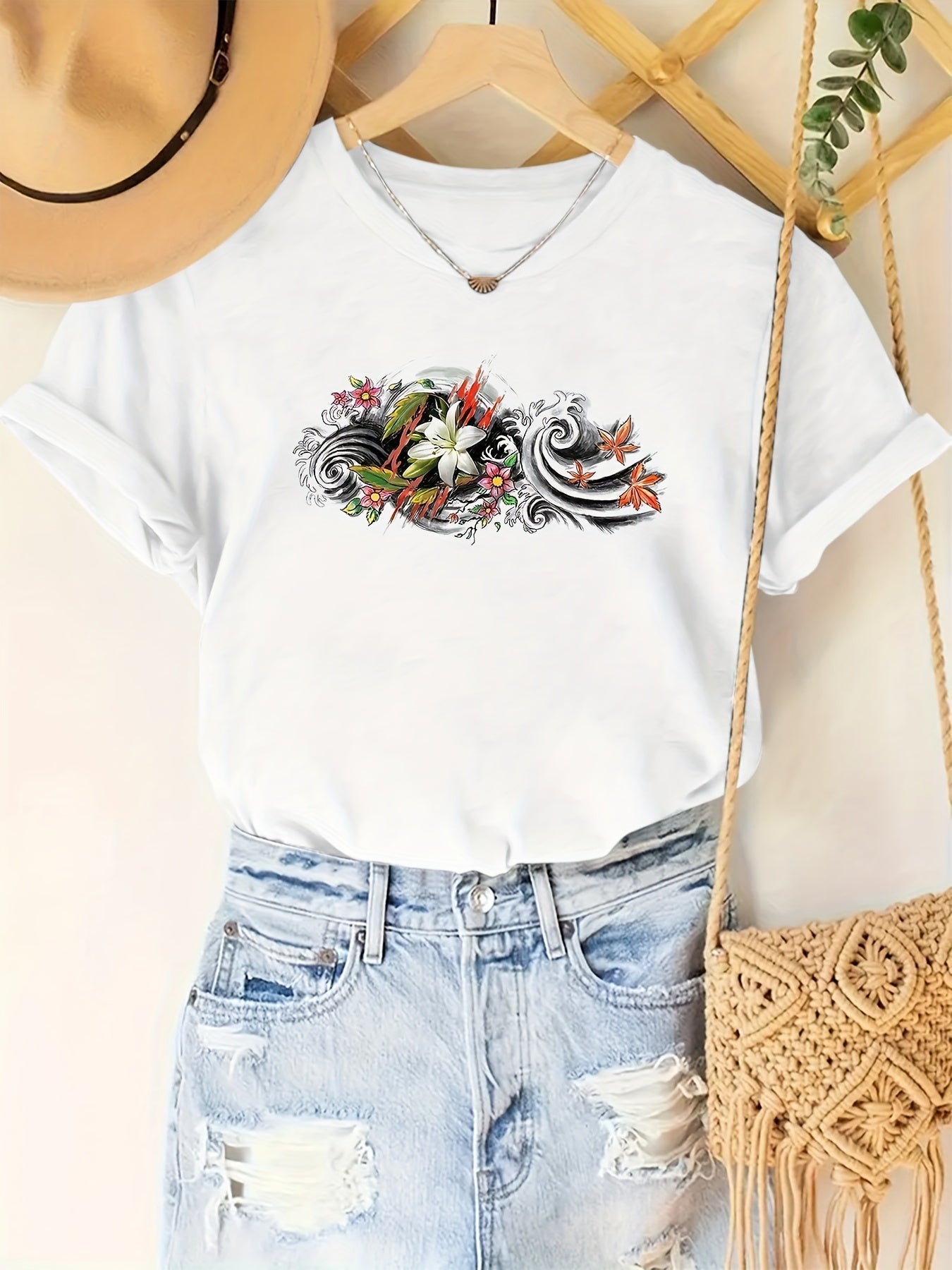 Tropical Flower Animal Totem Summer Short Sleeve Resort Casual Printed Top T-Shirt Random shipment
