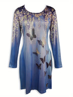 Gradient color butterfly print waist-cinching A-line round-neck long-sleeved dress Random shipment