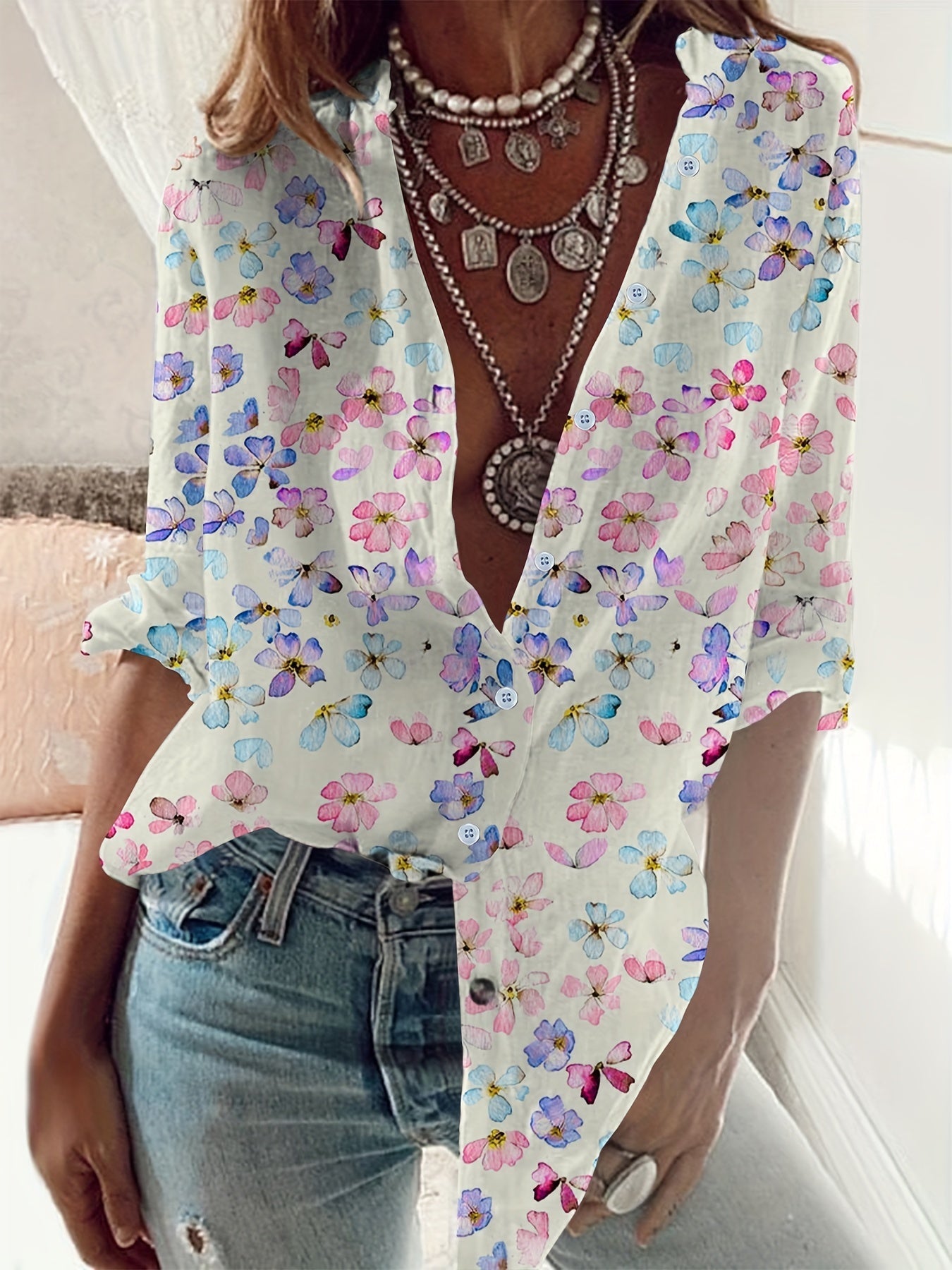 Colorful floral printed stand-up collar button long-sleeved shirt