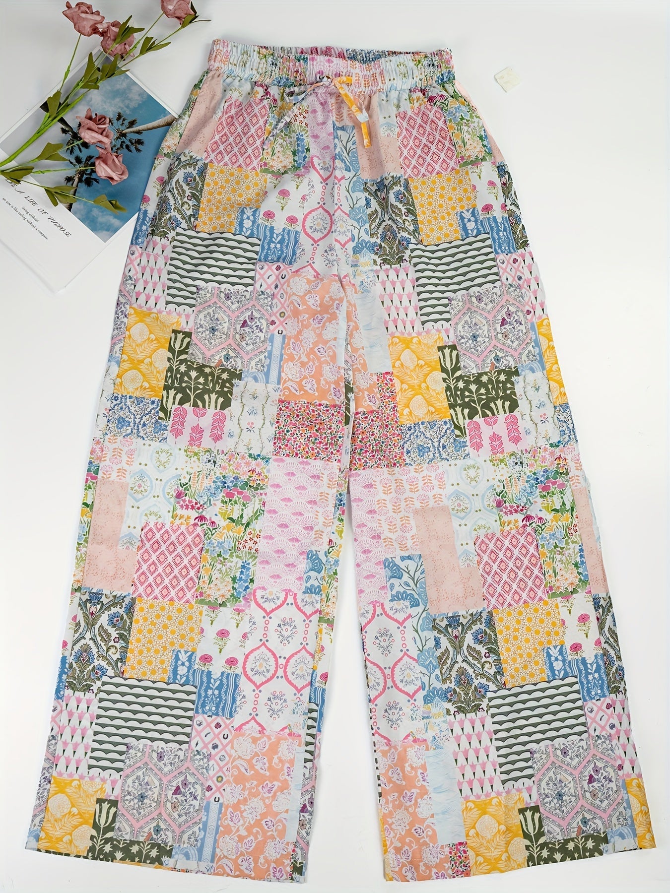 Elasticated waist pockets, ethnic contrasting floral print pocket trousers Random shipment