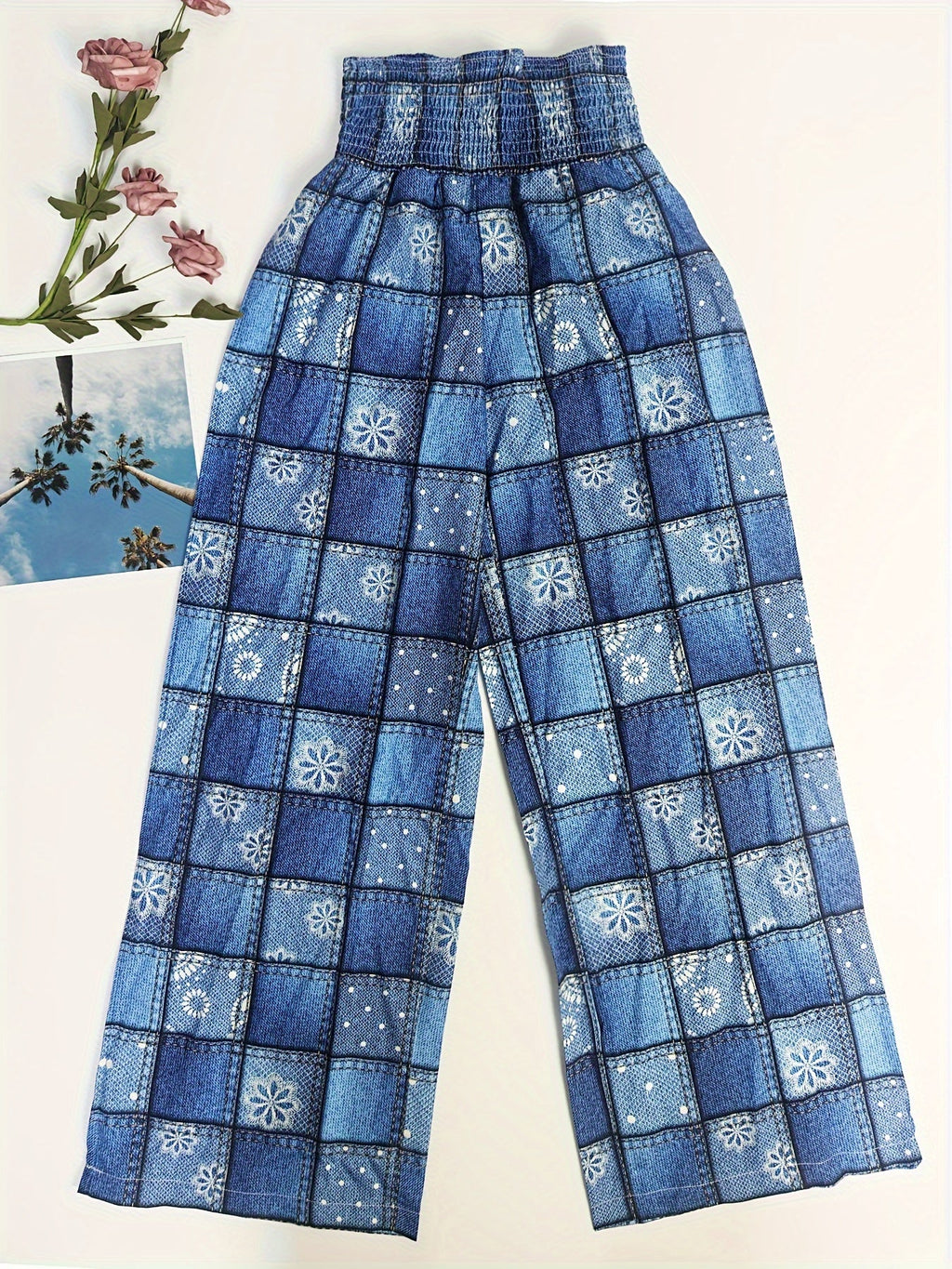 Stretched-waist checkered fabric floral printed long pants Random shipment