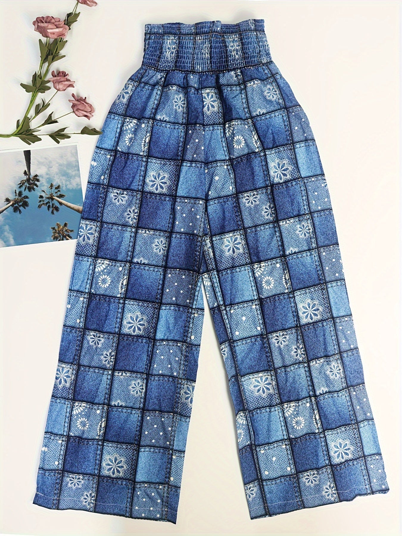 Stretched-waist checkered fabric floral printed long pants Random shipment