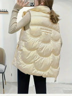 Loose pockets, drawstring stand-up collar, zippered cotton vest