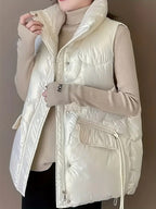 Loose pockets, drawstring stand-up collar, zippered cotton vest